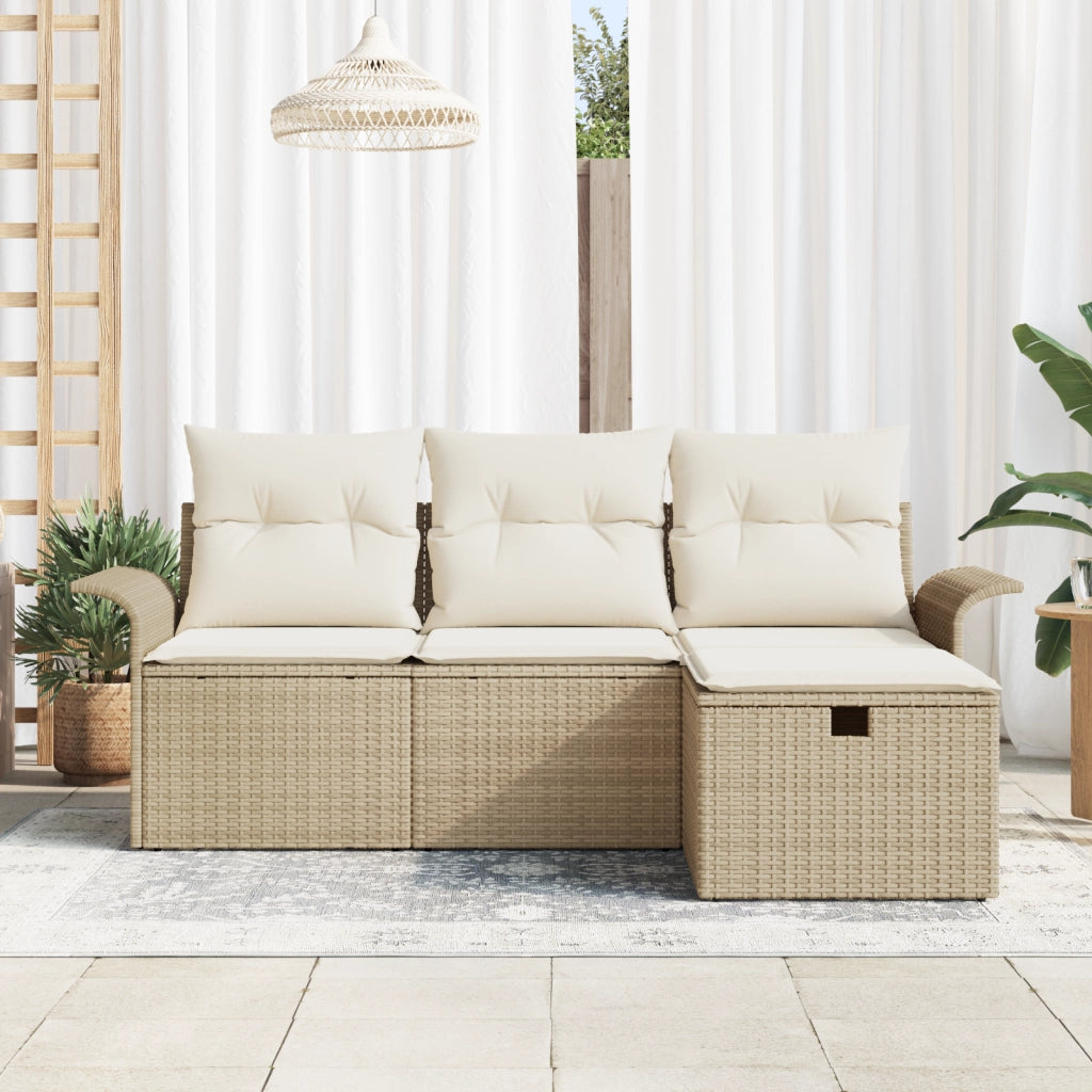 Set Divano da Giardino 4 Pezzi con Cuscini Beige in Rattan Sintetico