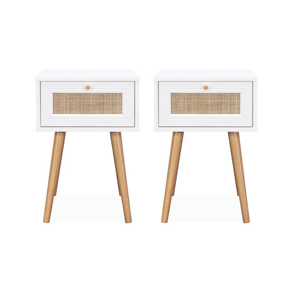Set 2 comodini effetto legno e cannage, bianco sporco