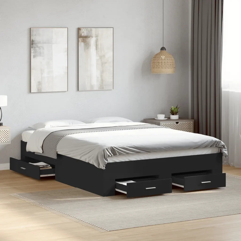 Letto matrimoniale | Letto per adulti | Giroletto con Cassetti Nero 140x190 cm in Legno Multistrato