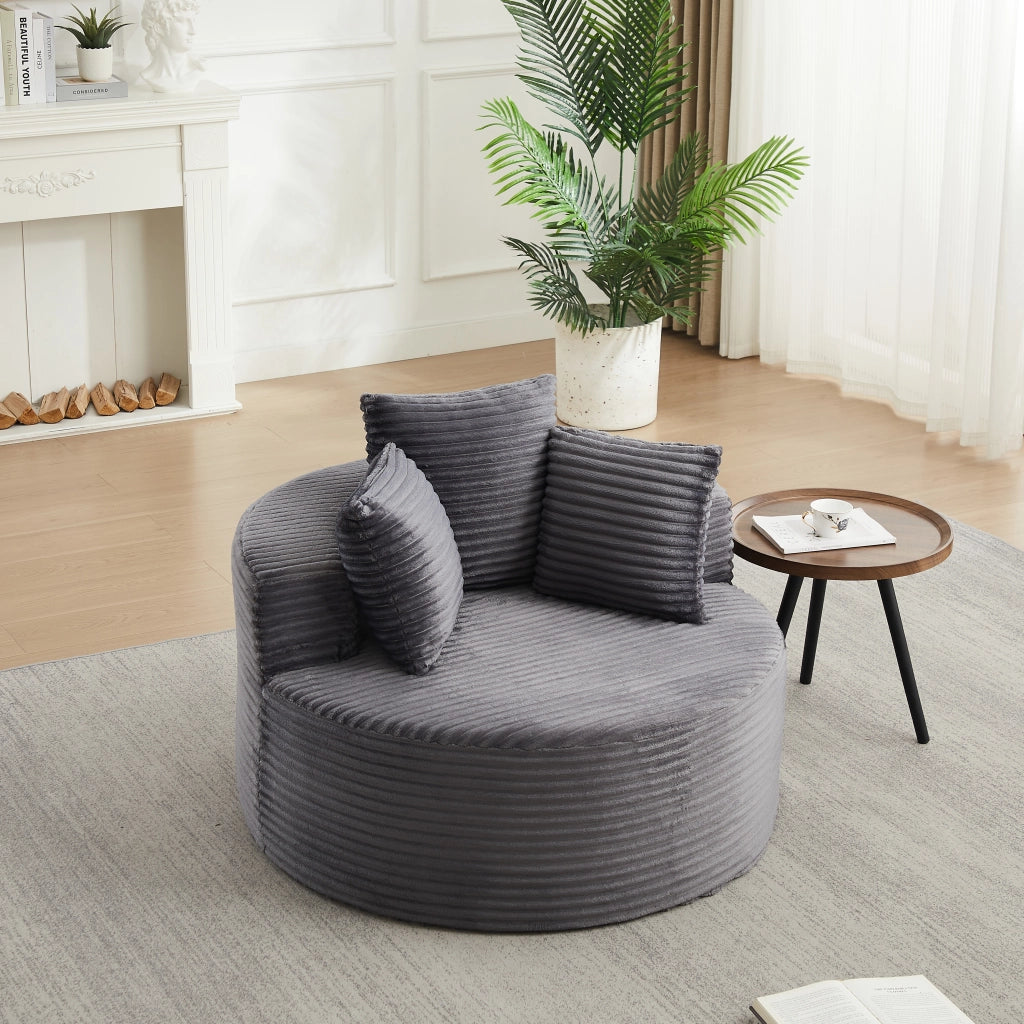 Poltrona lounge rotonda con braccioli larghi e 3 cuscini design minimalista in velluto a coste grigio 116 × 34 × 31 cm