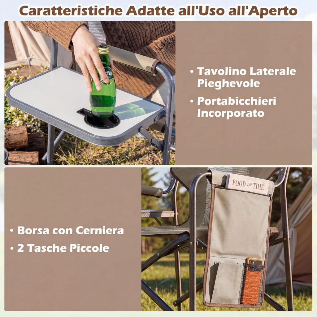 Sedia da Campeggio Pieghevole, Sedia da Regista con Tavolino Laterale, Portabicchieri e Tasca Portaoggetti, Portata 180 kg, Poltrona da Esterno per Spiaggia, Pesca e Picnic (Marrone)