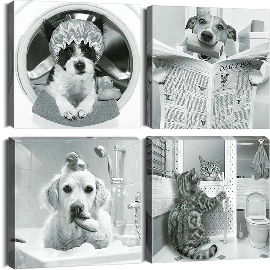 Stampo da parete 4 parti - Foto di gatto/cane - Decorazione moderna per interni - 30 x 30 cm - Finitura alta qualità - Design per interni - Stampo da parete a tela