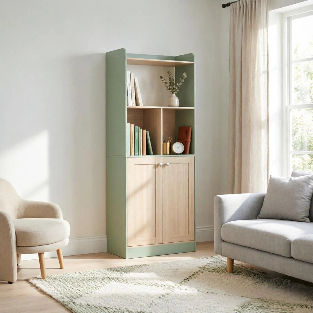 Libreria con anta e vani aperti, con dispositivo antiribaltamento, per soggiorno, in MDF e truciolare, verde, 60 × 30 × 161,2 cm