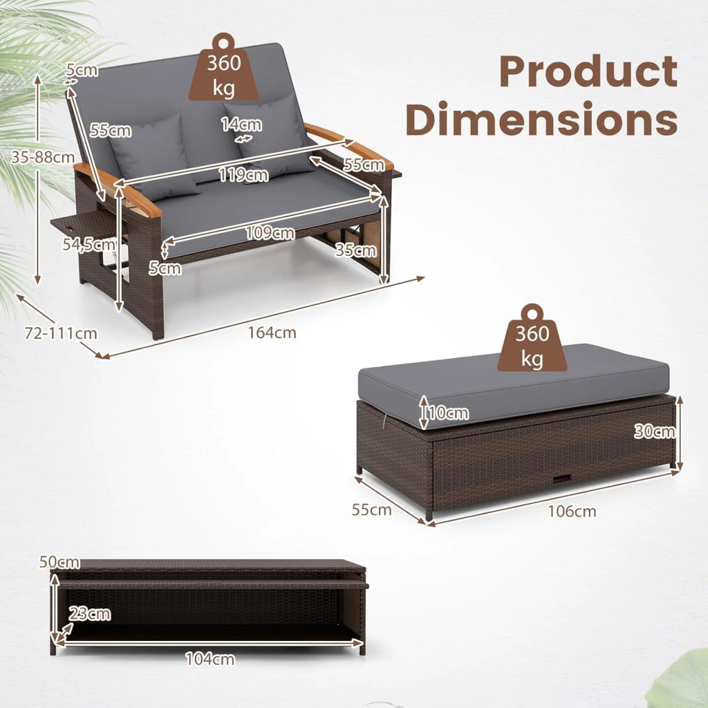 Divano da Giardino in Rattan a 2 Posti con Funzione Allungata, Set di Mobili in Rattan con Sgabello, Doppia Sedia a Sdraio per 2 Persone, 3 Colori (Cuscino Grigio)