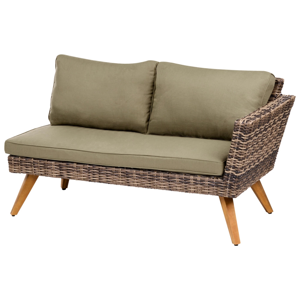 Set da giardino in rattan PE chiaro divano angolare 6 posti cuscini verde oliva tavolino da caffè stile country