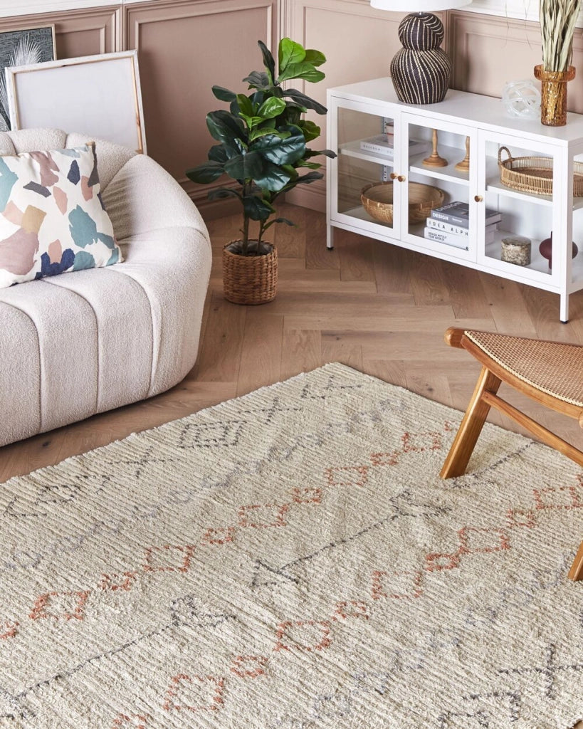 Tappeto in cotone beige 140 x 200 cm minimalista fatto a mano motivo geometrico soggiorno camera da letto