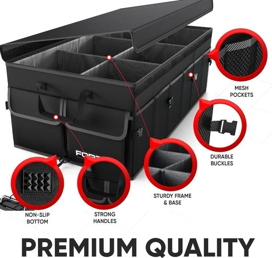 Organizzatore per Auto, Organizzatore Cassetta Portabagagli con Frigorifero, Organizzatore Auto Ripiegabile con Compartimenti, Fondino Antiscivolo, Cinture di Regolazione Adattabili, Copertura Ripiegabile (Nero, XL)