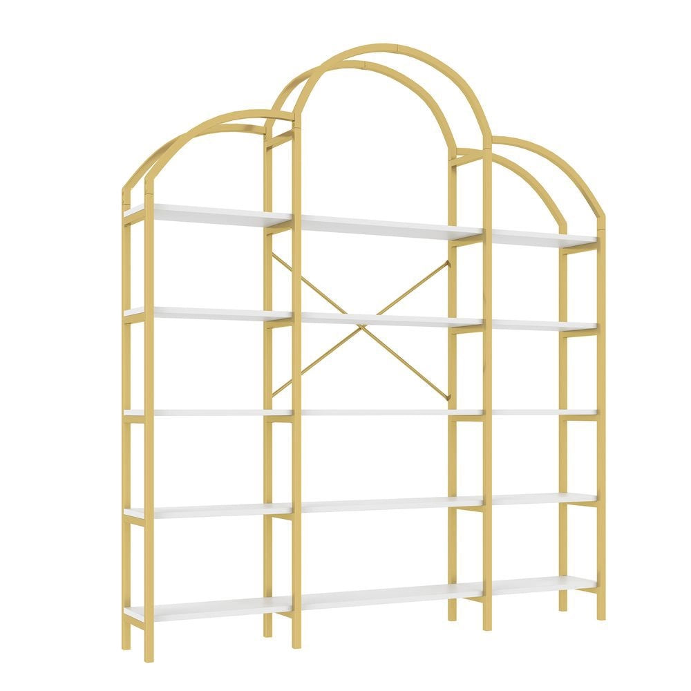 ??tag??re de style simple - Xylo - 170x25x190 cm - Dor?? + blanc - Tube acier MDF 5 niveaux forme nuage facile ?? monter
