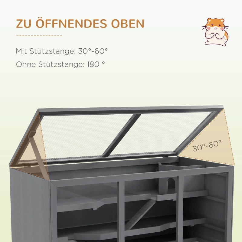 Scaffale in legno per piccoli animali a più livelli con rete metallica e tetto apribile grigio 115 × 57 × 55 cm