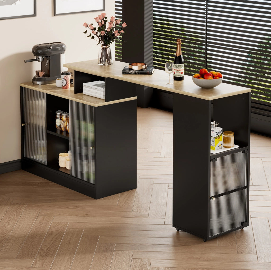 Tavolo bar allungabile con contenitore; mobile con ruote girevoli; MDF e vetro; nero