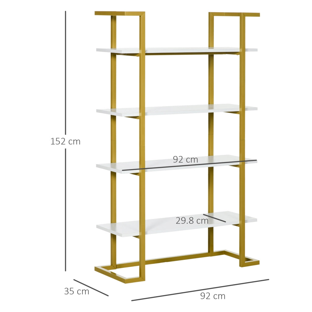 Scaffale libreria a 4 livelli in MDF e acciaio, mobile multiuso per casa e ufficio, design moderno, 92x35x152cm, bianco e oro