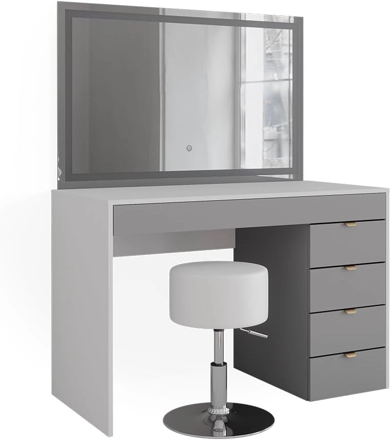 Tavolo da toeletta Elise, Bianco/grigio/grigio, 115 cm con specchio LED e sgabello, con illuminazione LED e seduta girevole regolabile in altezza