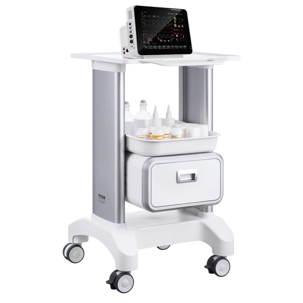 Carrello Multiuso da Laboratorio Y-1T1C a 2 Ripiani con Cassetto e Vassoio, in ABS Bianco, 4 Ruote con Freni, Robusto e Pratico per Officina e Salone