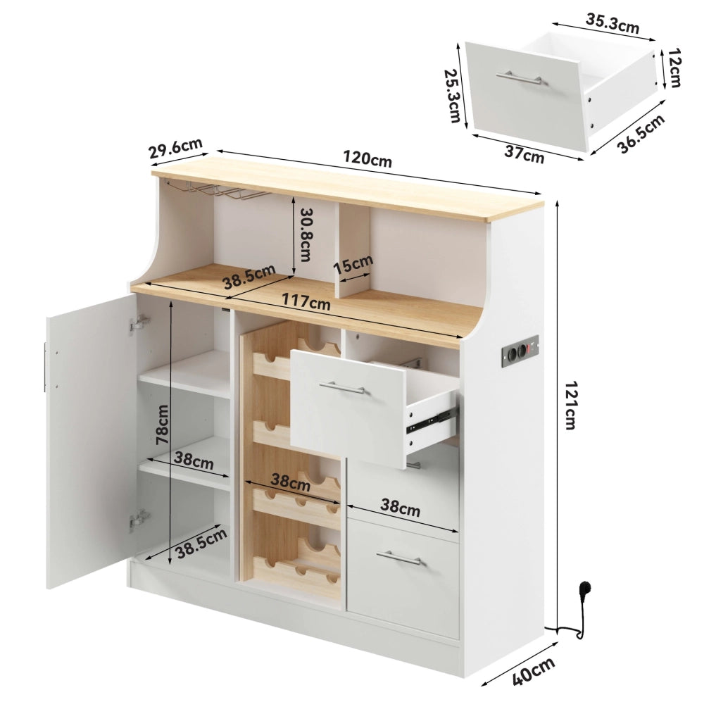 Credenza 120x40x121 cm con LED e presa integrata; MDF bianco e naturale