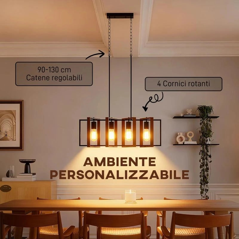 LAMPADARIO A SOSPENSIONE RUSTICO CON 4 CORNICI GIREVOLI E CATENA REGOLABILE, 80X21X90-130 CM, NERO E MARRONE