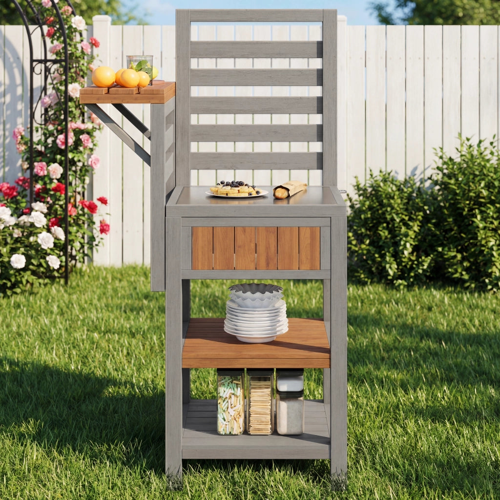 Armadio Da Giardino con Piano In Acciaio Inox e Doppio Ripiano Contenitore in Legno Massello Naturale 74 × 54 × 149 cm