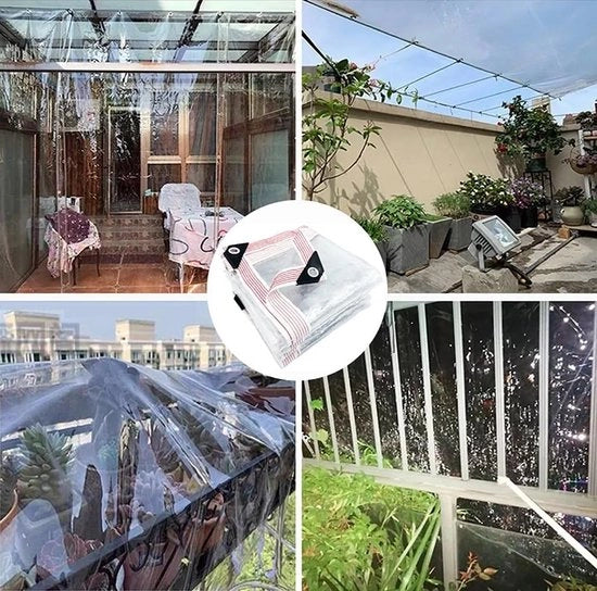 Dekzeil trasparente con occhielli, impermeabile, vetrato, di PVC, 450 g/m, per gazebo, balcone, arredamento balcone, arredamento esterno, con corda, 2 x 2 m