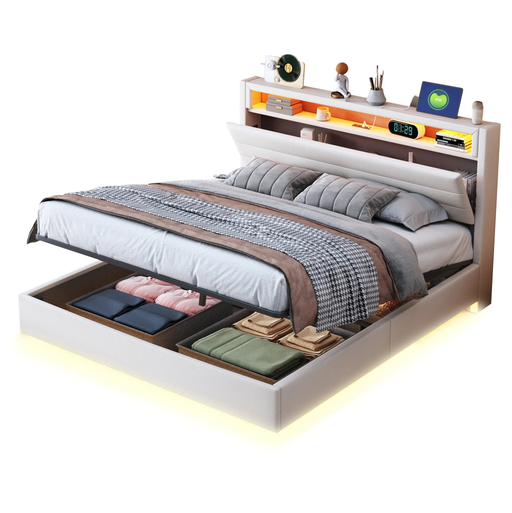 Letto imbottito 140x200 cm con contenitore idraulico; LED; USB e testiera reversibile beige