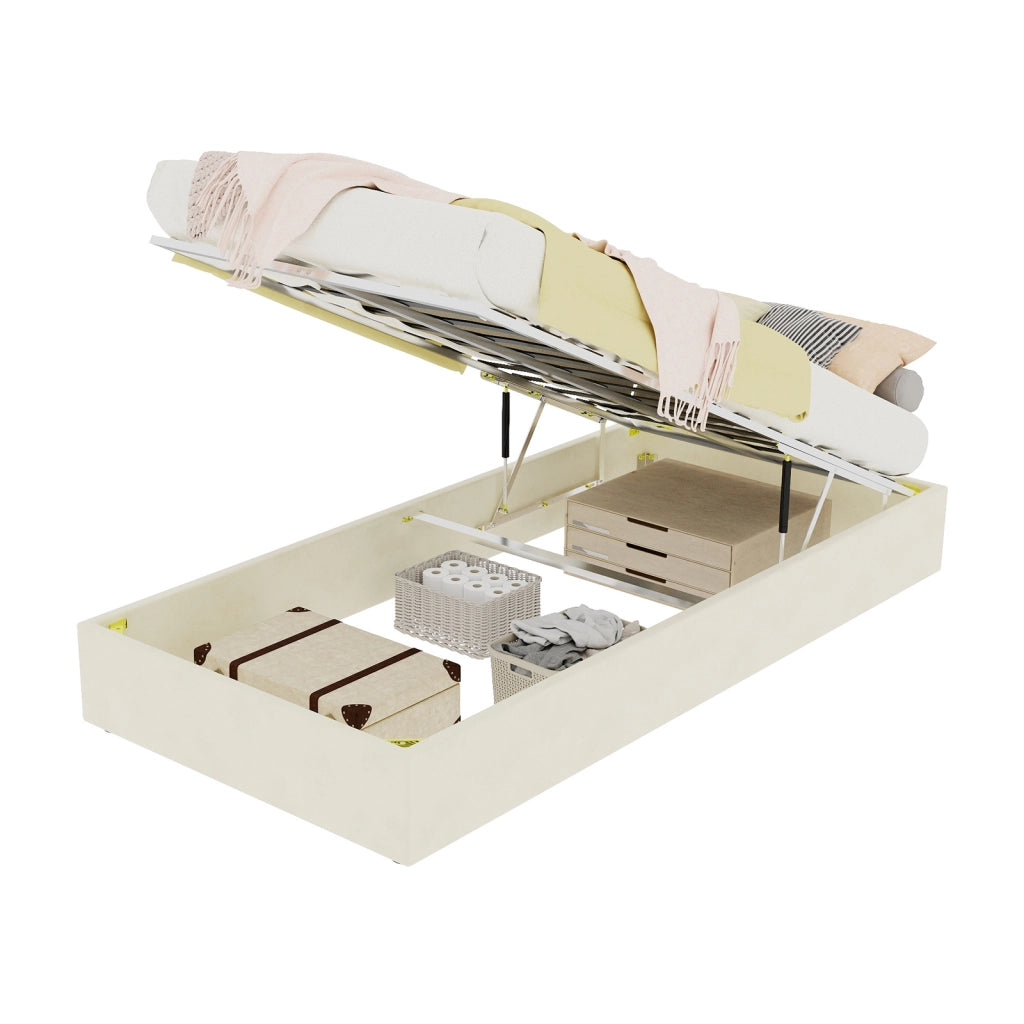 Letto singolo con contenitore pneumatico 90x200 cm; testiera imbottita beige