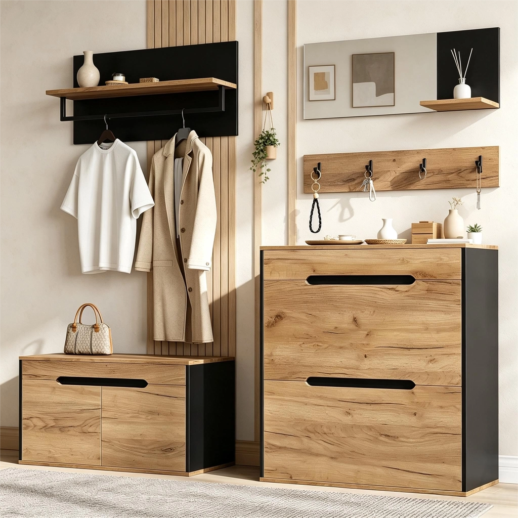 Set guardaroba modulare con scarpiera ribaltabile, panca portaoggetti, specchio e appendiabiti, Nero/Naturale, 156x36x176 cm