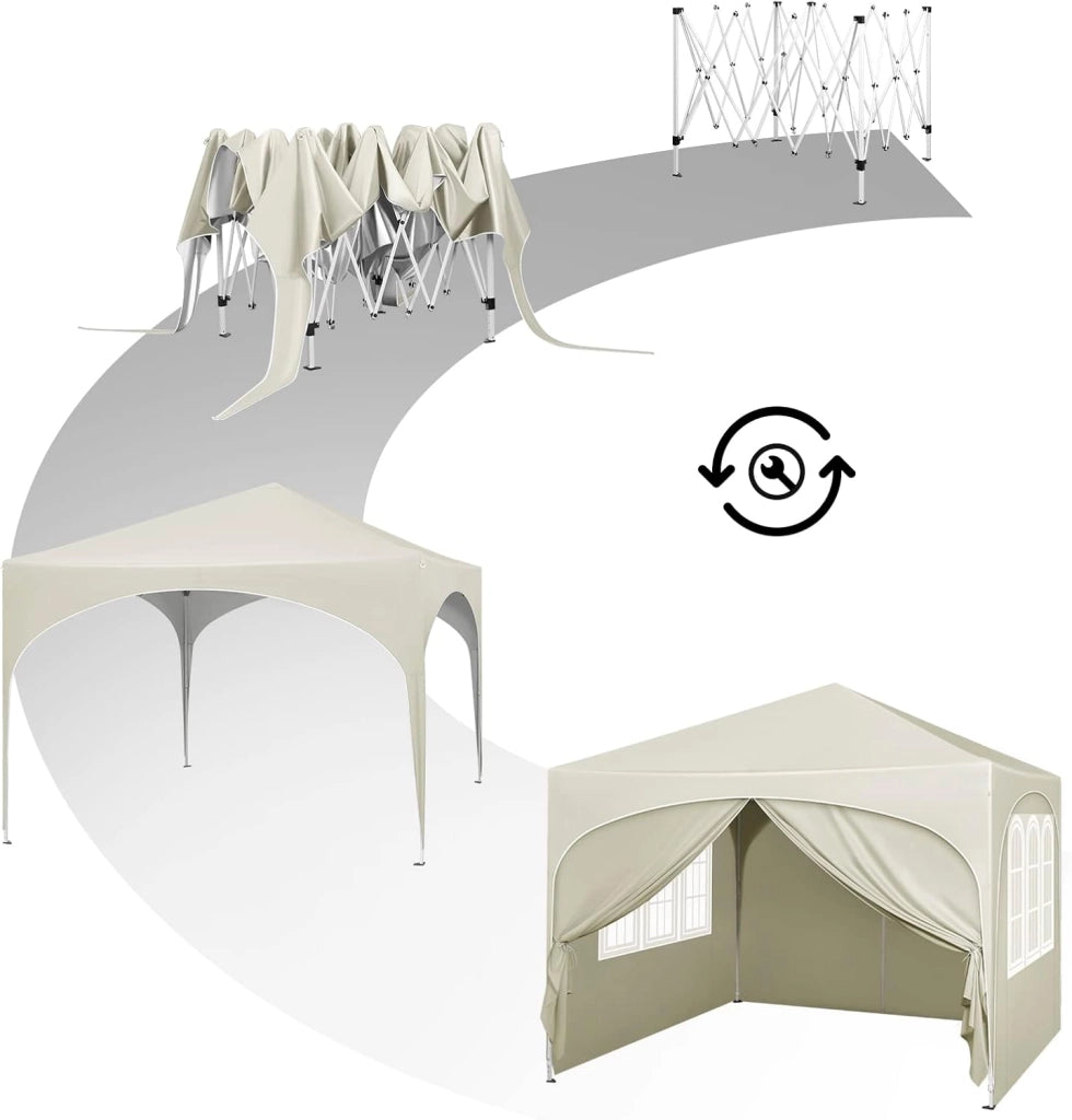 Gazebo Pieghevole da Giardino, Gazebo Idrorepellente Pop Up da 3x3m Pannelli Laterali, Tendone Esterno, Altezza Regolabile, Protezione UV, con Custodia Beige
