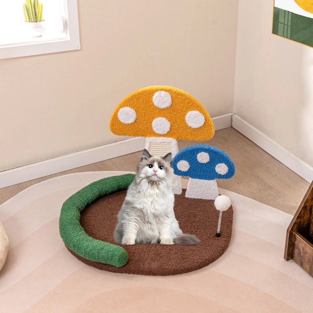Lettino per gatti a forma di fungo con piattaforma ampia e confortevole tiragraffi in sisal, Casa per gatti da interni Colorato