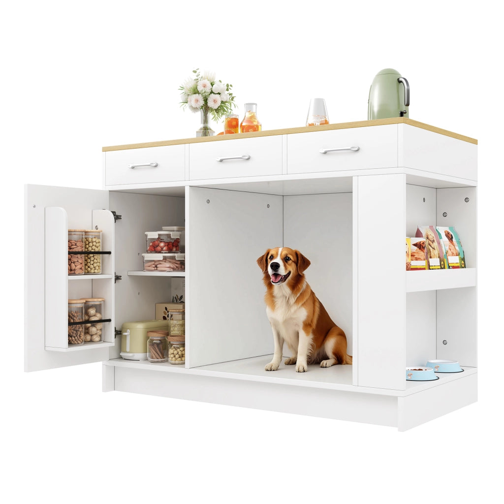 Carrello da cucina con 3 cassetti, 1 porta spezie, ripiano regolabile e area per animali, bianco