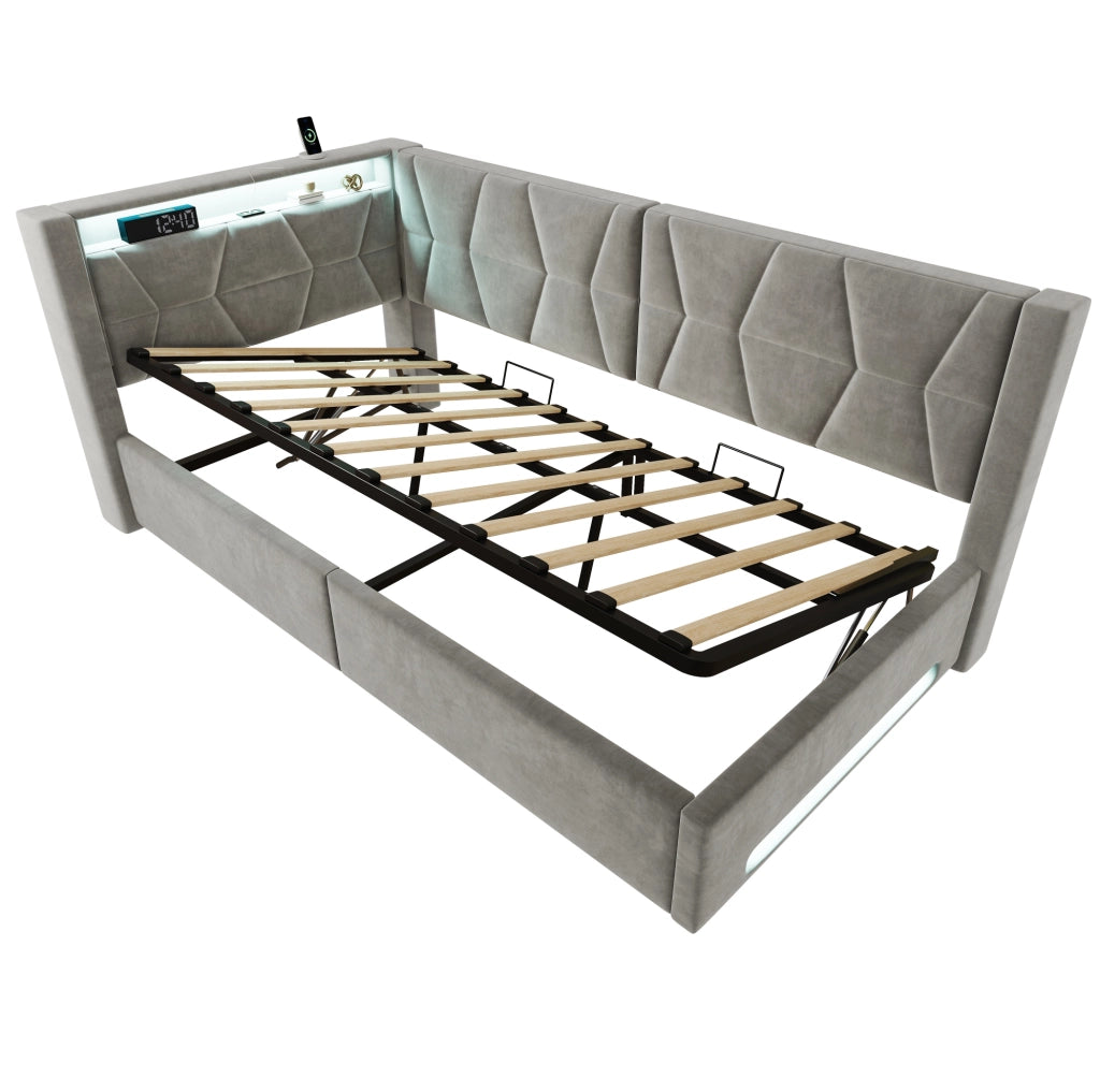 Letto imbottito 90x200 cm con contenitore, LED, USB e Type-C