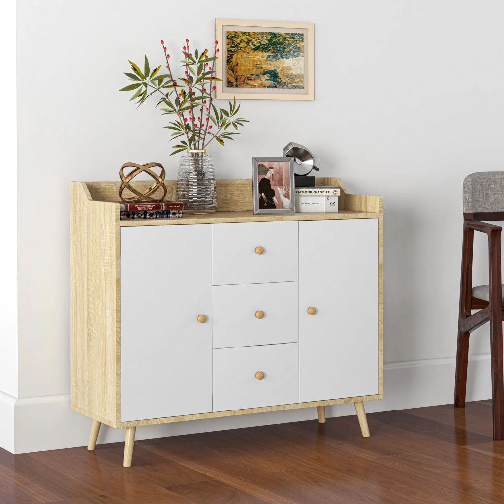 Credenza Moderna ¨C Xylo ¨C Truciolato e Legno di Pino con 3 Cassetti e 2 Ante, 90x32x80 cm