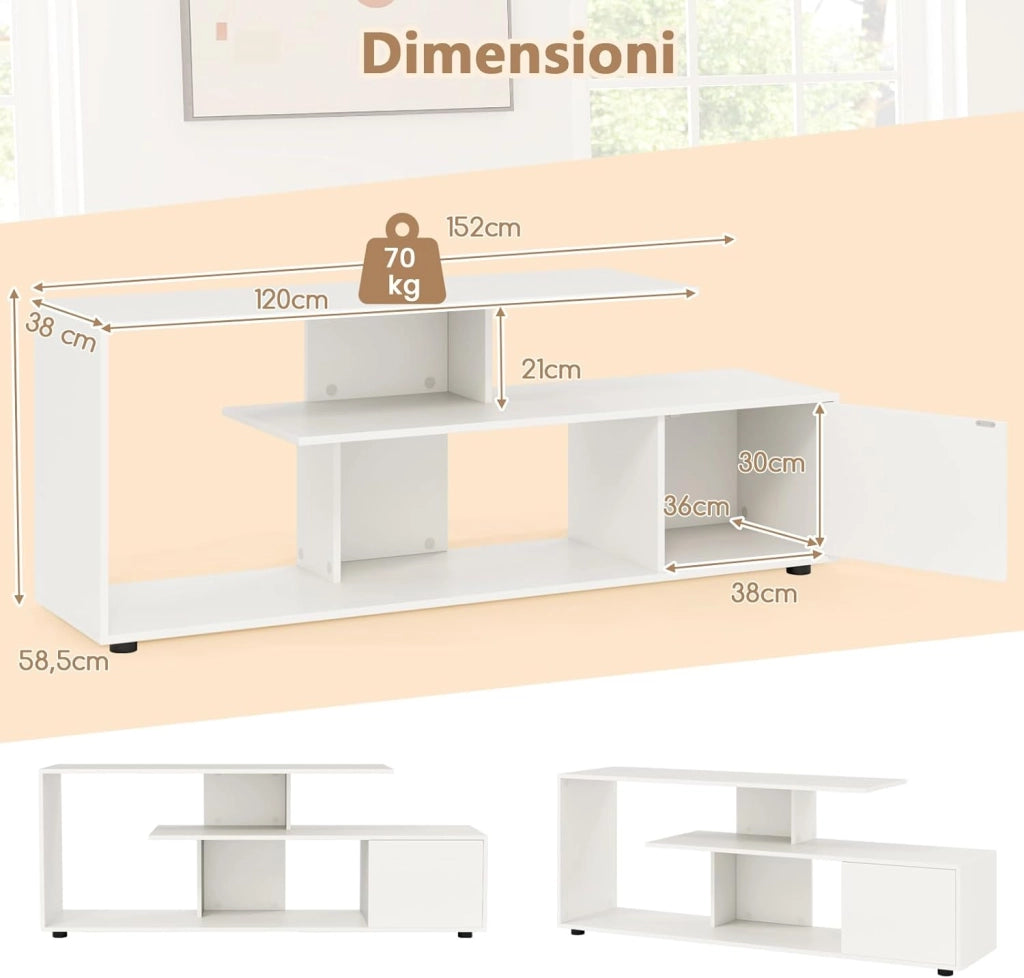 Mobile Porta TV, per TV Fino a 55'', Console Media a 3 Ripiani Asimmetrici con Ripiani di Stoccaggio e Armadietto, Mobile TV con Cassetto, 5 Gambe di Supporto (Bianco)
