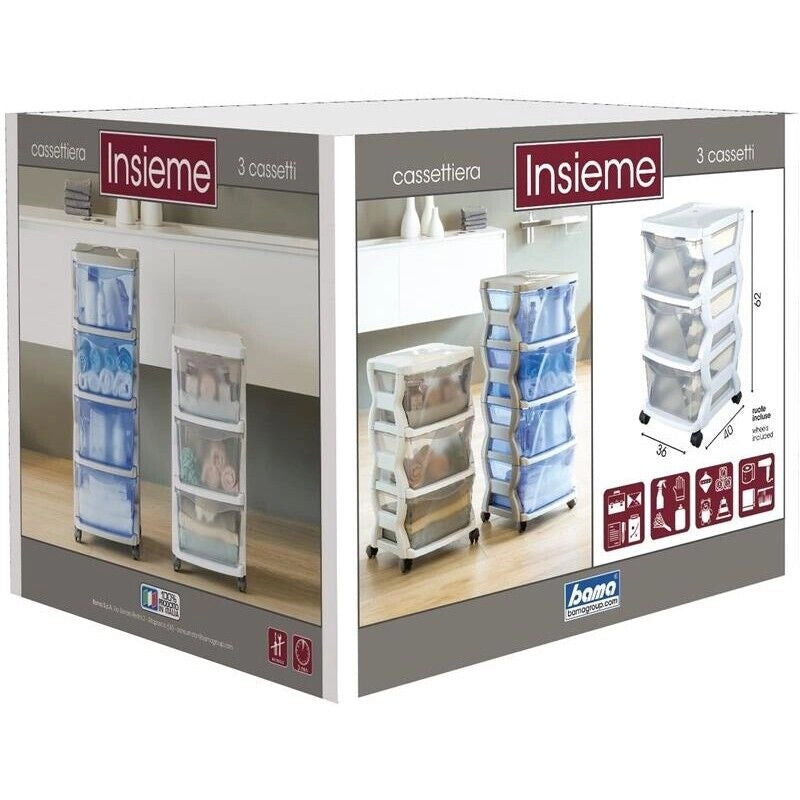 INSIEME 3 CASSETTI CON RUOTE BIANCO 36 X 40 X 62 CM