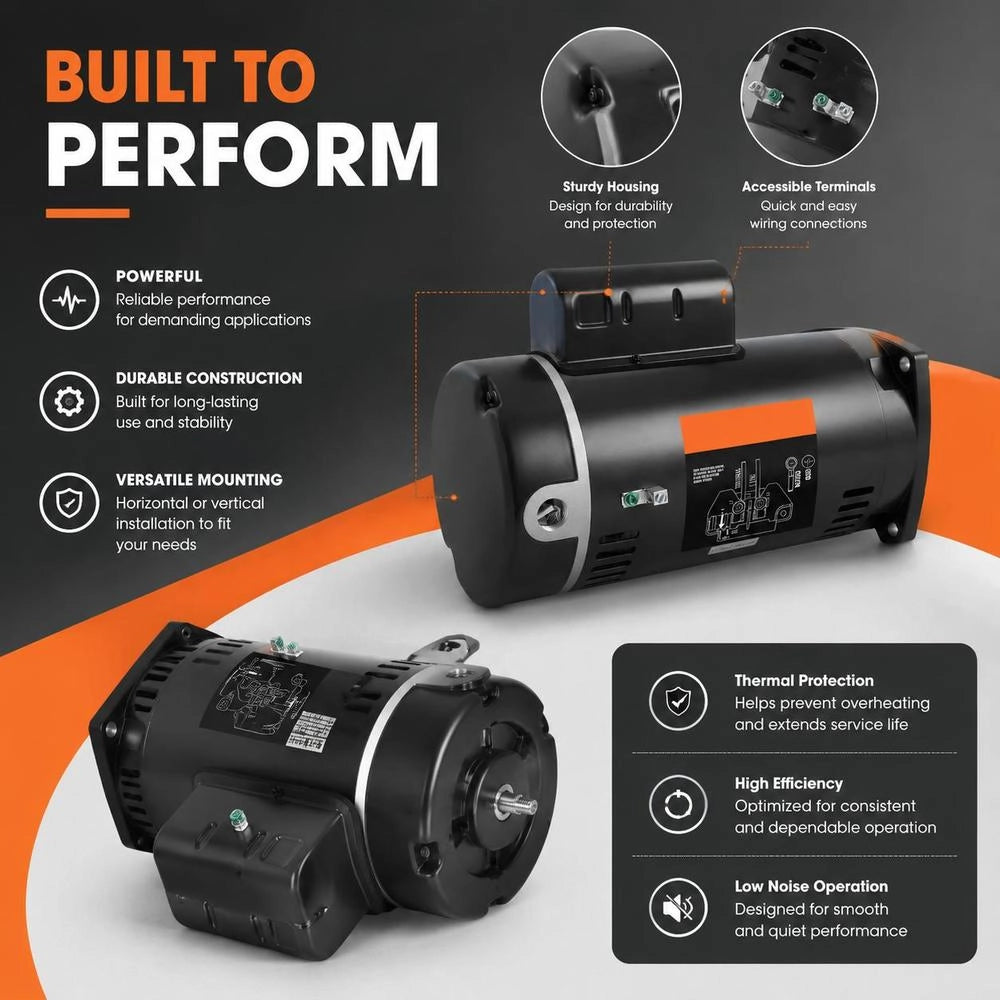 1.5 HP Pool Pump Motor, 56Y Frame, 115V (12.8 Amps)/230V (6.4 Amps), 3450 RPM, 60Hz, 1.1 Duty Cycle, 90μF/250V Capacitor, CCW Rotation, Square Flange Replacement Motor