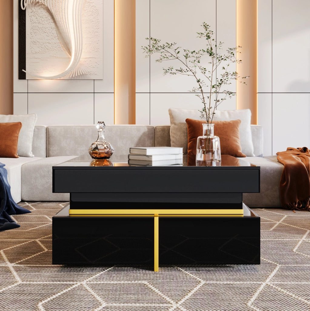 Tavolino da salotto nero lucido 70x70 cm con 2 cassetti e dettagli dorati