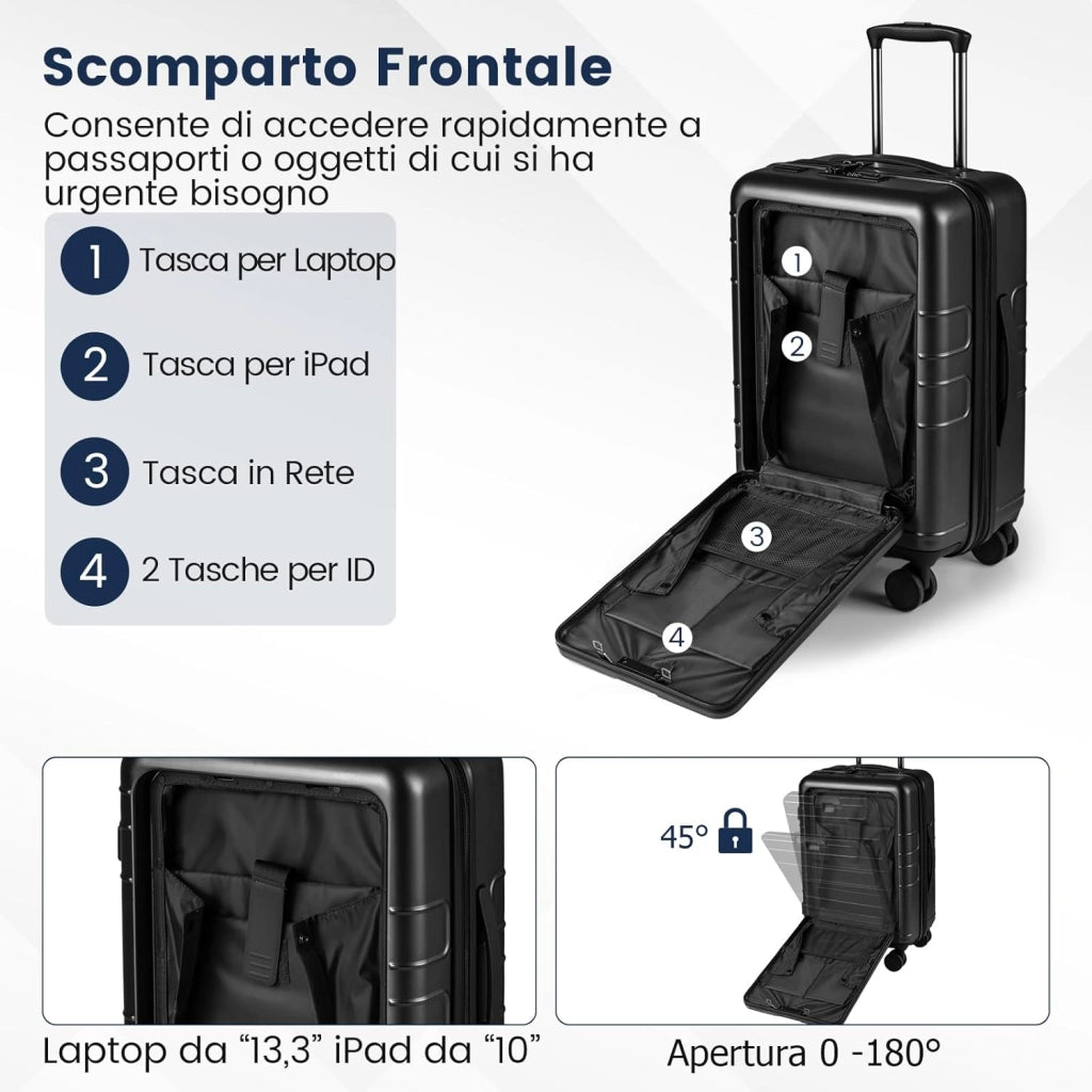 Valigia Bagaglio a Mano 20" con Tasca Frontale, Porta USB, Trolley Bagaglio a Mano con Serratura, Ruote Girevoli, Manico Regolabile (Senza Beauty + Nero)