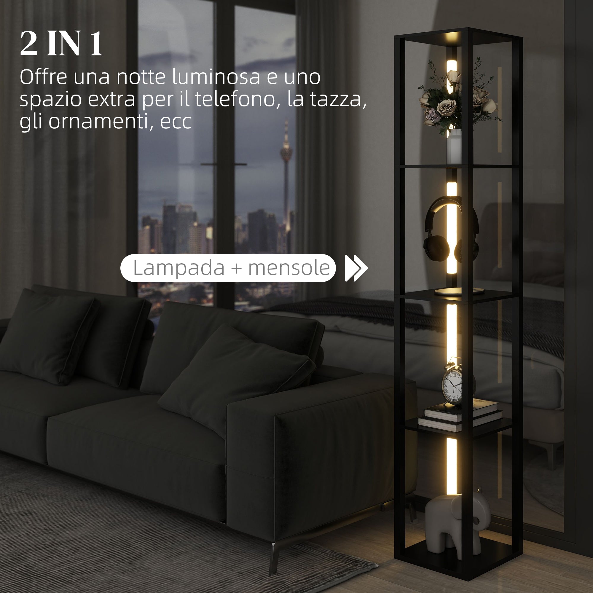 Lampada da Terra con 4 Ripiani 29x29x163 cm 3 Luminosità Regolabili e Interruttore a Pedale in MDF Nero