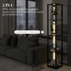 Lampada da Terra con 4 Ripiani 29x29x163 cm 3 Luminosità Regolabili e Interruttore a Pedale in MDF Nero