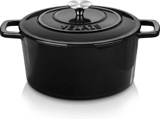 Piatto di ghisa per la preparazione del pane, 5 l, piatto di ghisa nero con coperchio Ø 25 cm, piatto di ghisa di alta qualità con rivestimento epossidico, pentola adatta a tutti i tipi di forni e inverter.