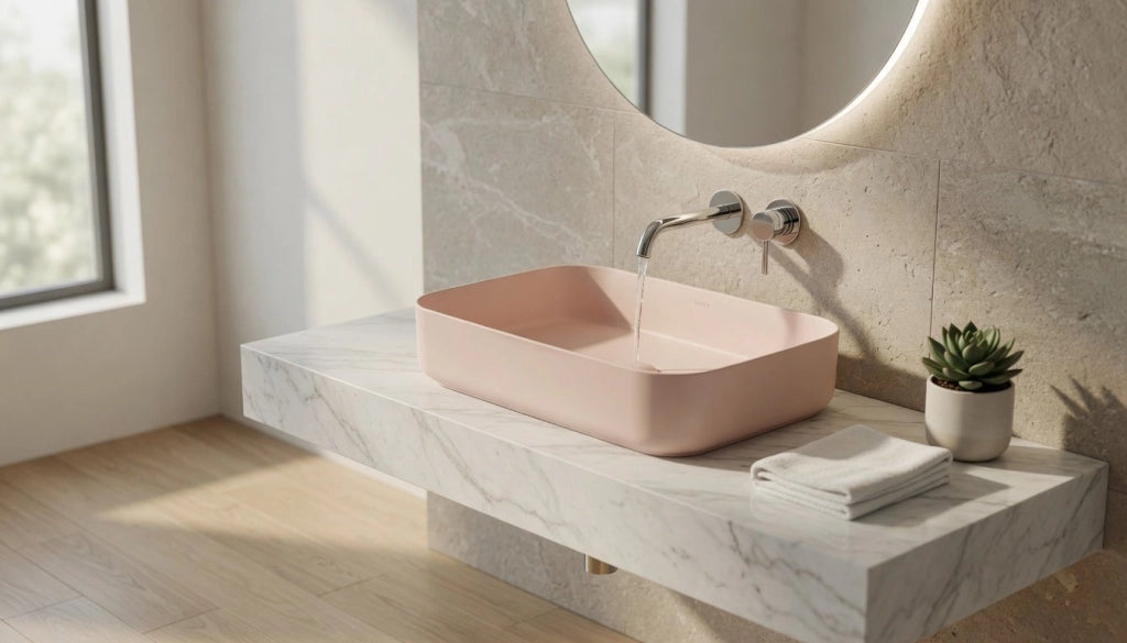 Lavabo rettangolare da appoggio senza troppo pieno in ceramica senza foro rubinetto - Salmone Opaco