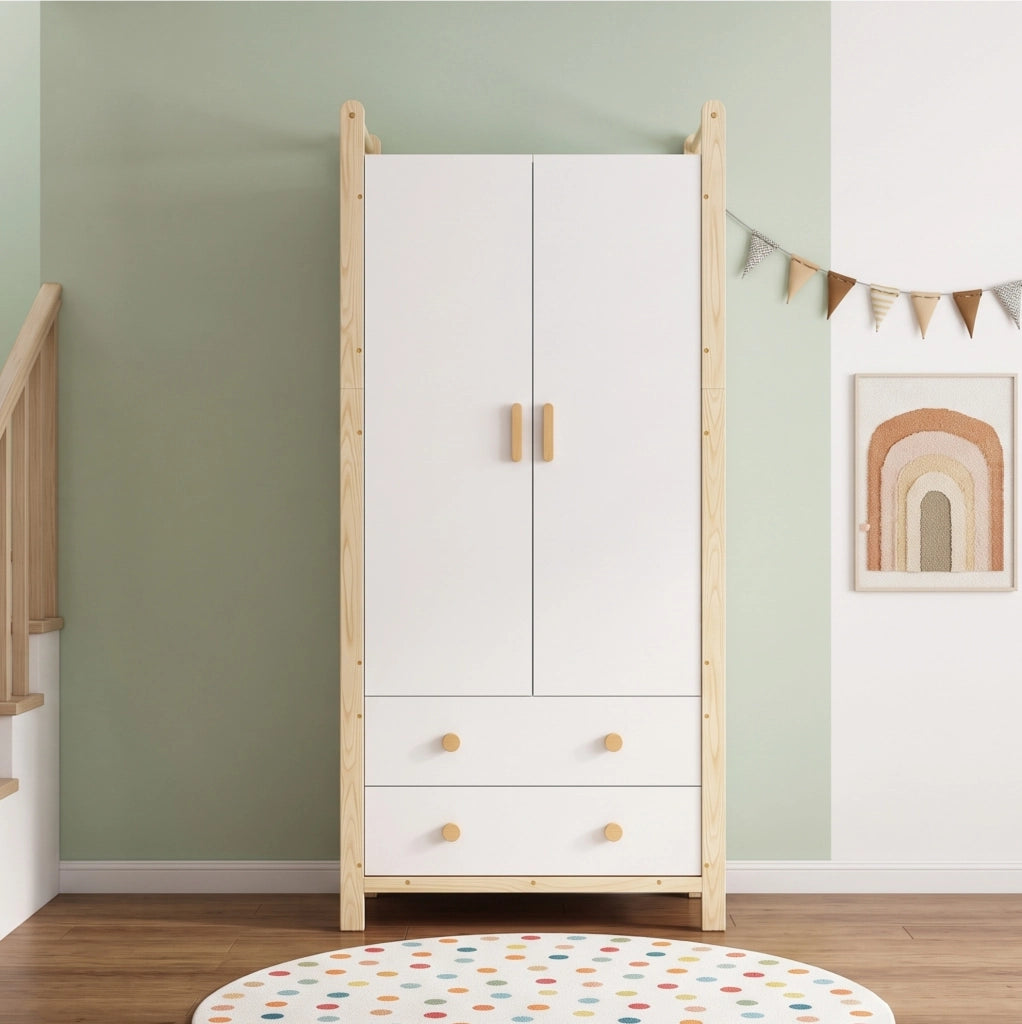 Armadio 2 ante con appendiabiti e 2 cassetti; 89.6 × 44 × 180.5 cm; bianco e naturale