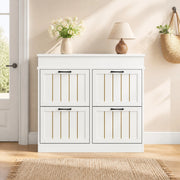 Scarpiera bianca in MDF con 4 ante a ribalta e 8 ripiani; 105 x 24 x 83 cm