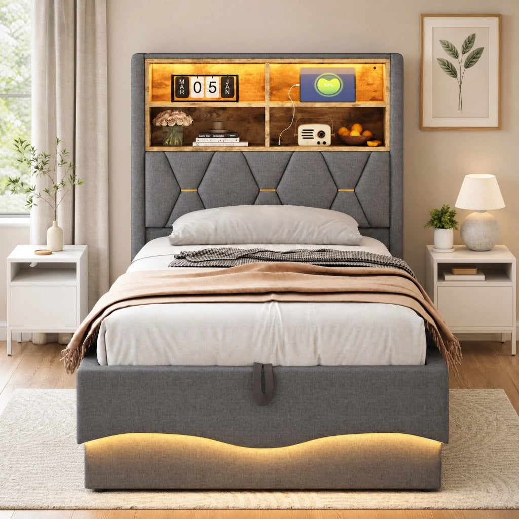 Letto multifunzione per bambini 90x200 cm grigio con LED e USB