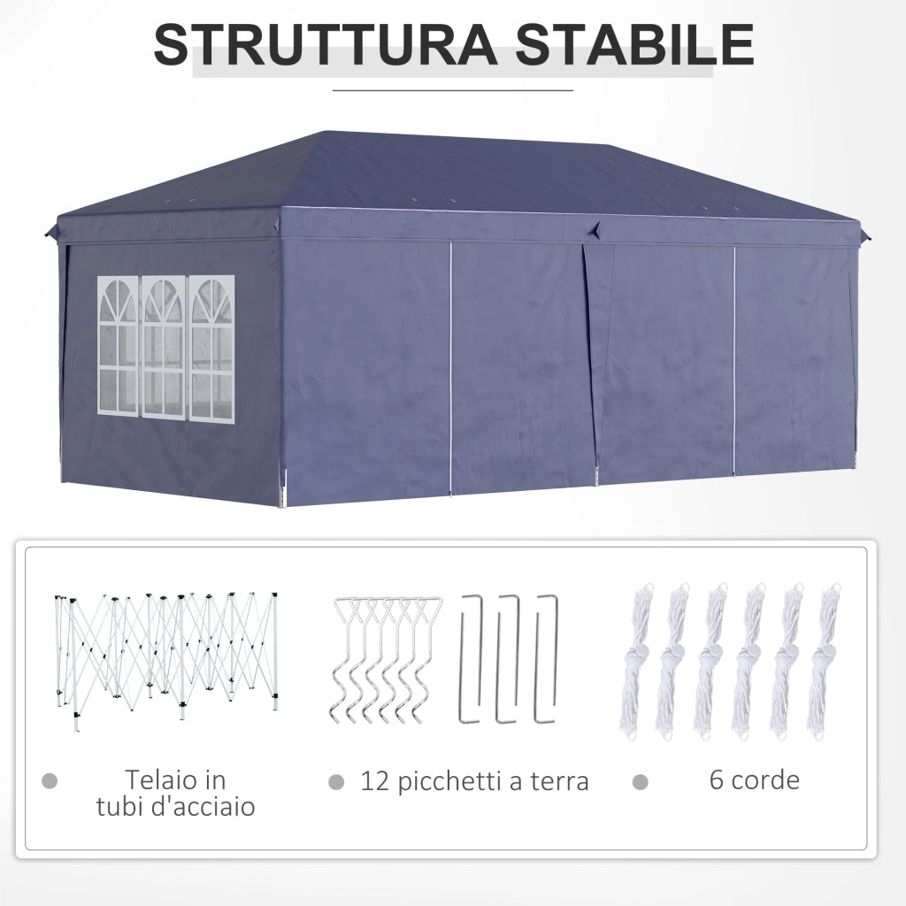 Gazebo Pieghevole 6x3 m ¨C zephmum ¨C Blu Acciaio Poliestere 6 Pannelli