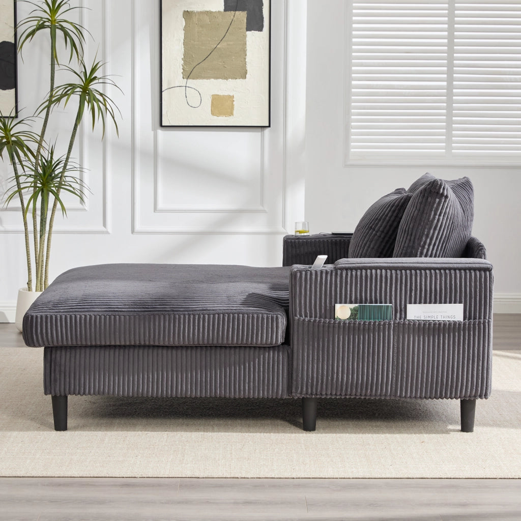 Chaise longue in velluto a coste con vano portaoggetti; porta USB; LED; portabicchieri; 3 cuscini; grigio scuro