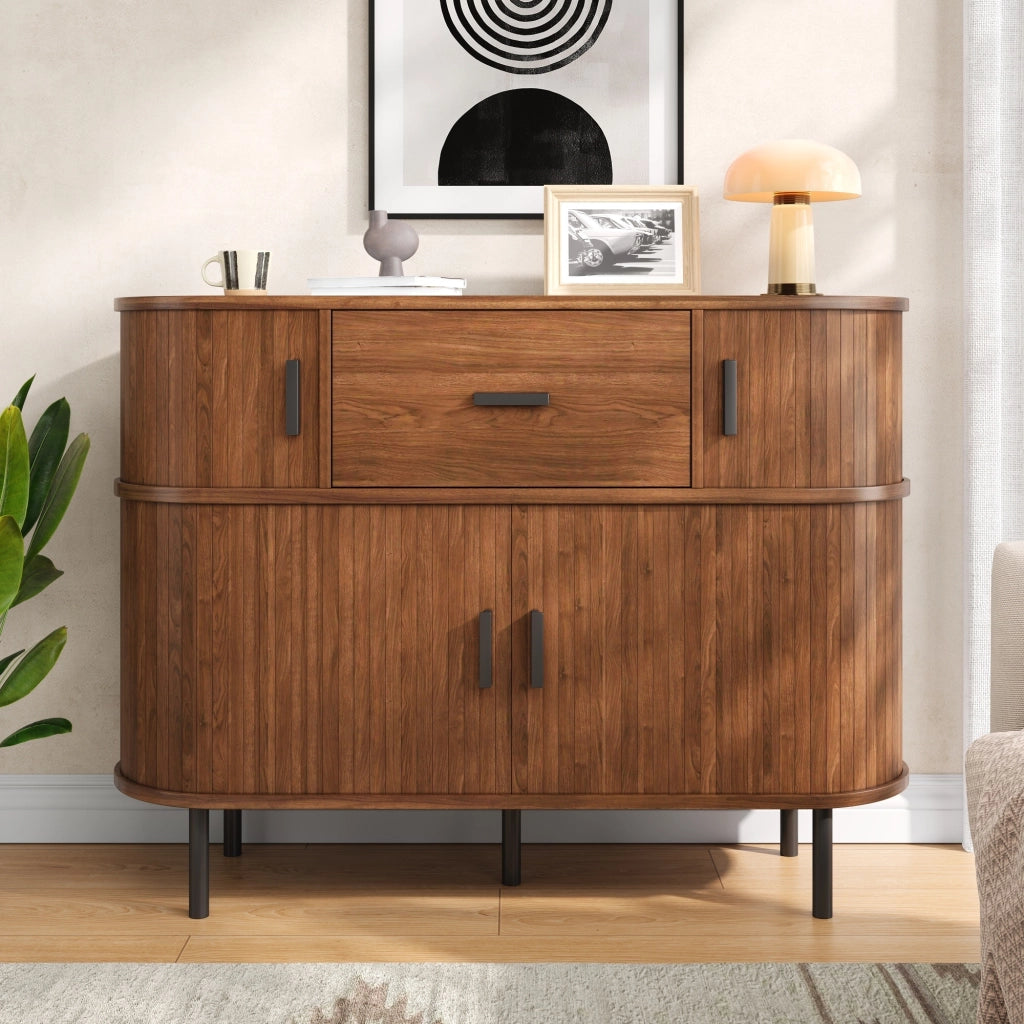 Sideboard a due livelli con ante scorrevoli e cassetto, finitura noce