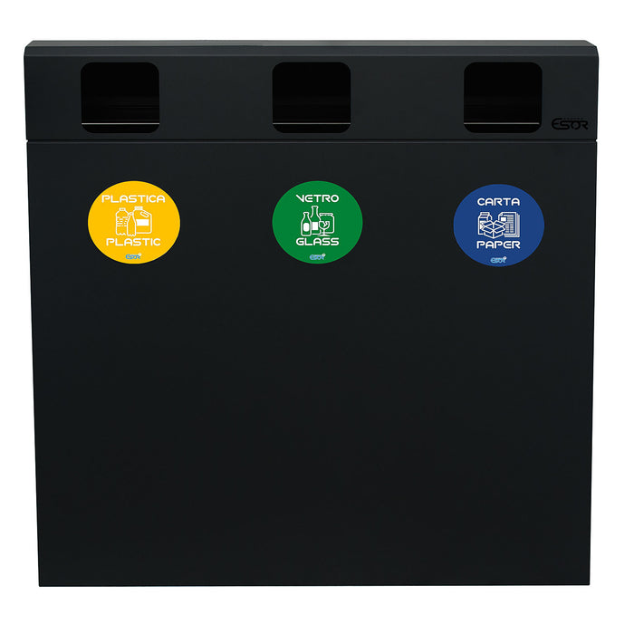 Pattumiera per Raccolta Differenziata 3 Scomparti 180 L 90x30x96 cm in Acciaio Verniciato Antracite