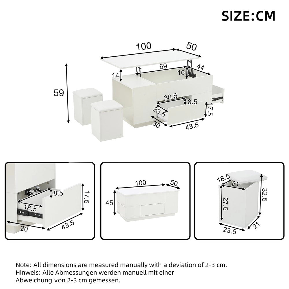 Tavolino da Caff¨¨ 4 in 1 con LED e Cassetti ¨C MINIMAL ¨C Bianco Lucido / 100x50x45
