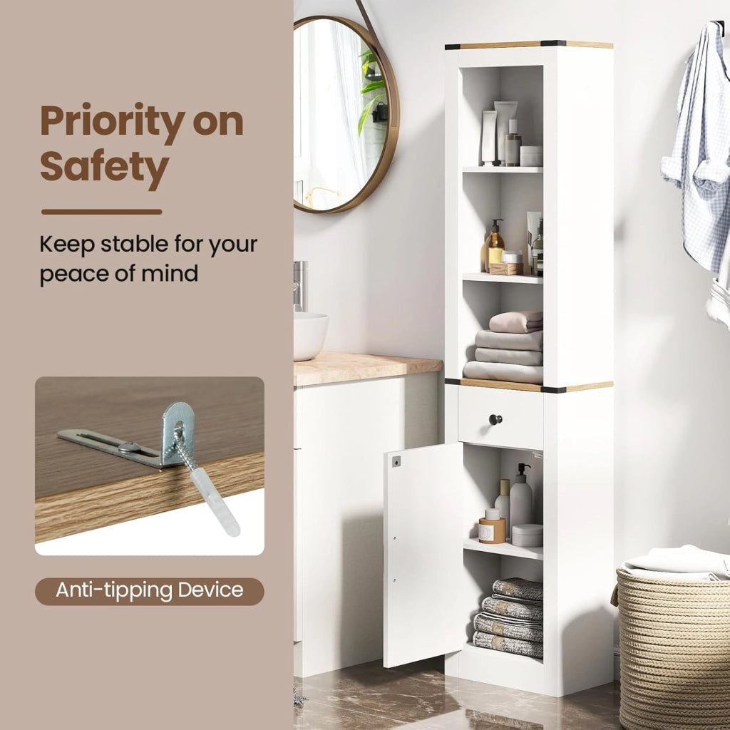 Mobile bagno, colonna bagno con cassetto scorrevole, ripiano regolabile e 3 scomparti aperti, armadio portaoggetti stretto per soggiorno, lavanderia, cucina, bianco