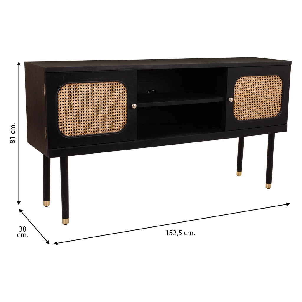 Credenza in legno e rete di bambù con due ante nere 152,5x38x81h