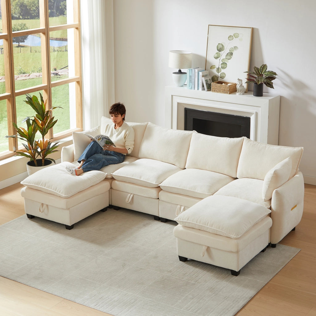 Divano U Modulare con Contenitore ¨C MINIMAL ¨C Velluto Chenille, Cuscini, Braccioli, Legno Massello