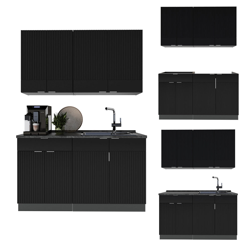 Cucina completa Fame-Line Nero rigato/Antracite 140 cm, PL Rovere Vicco